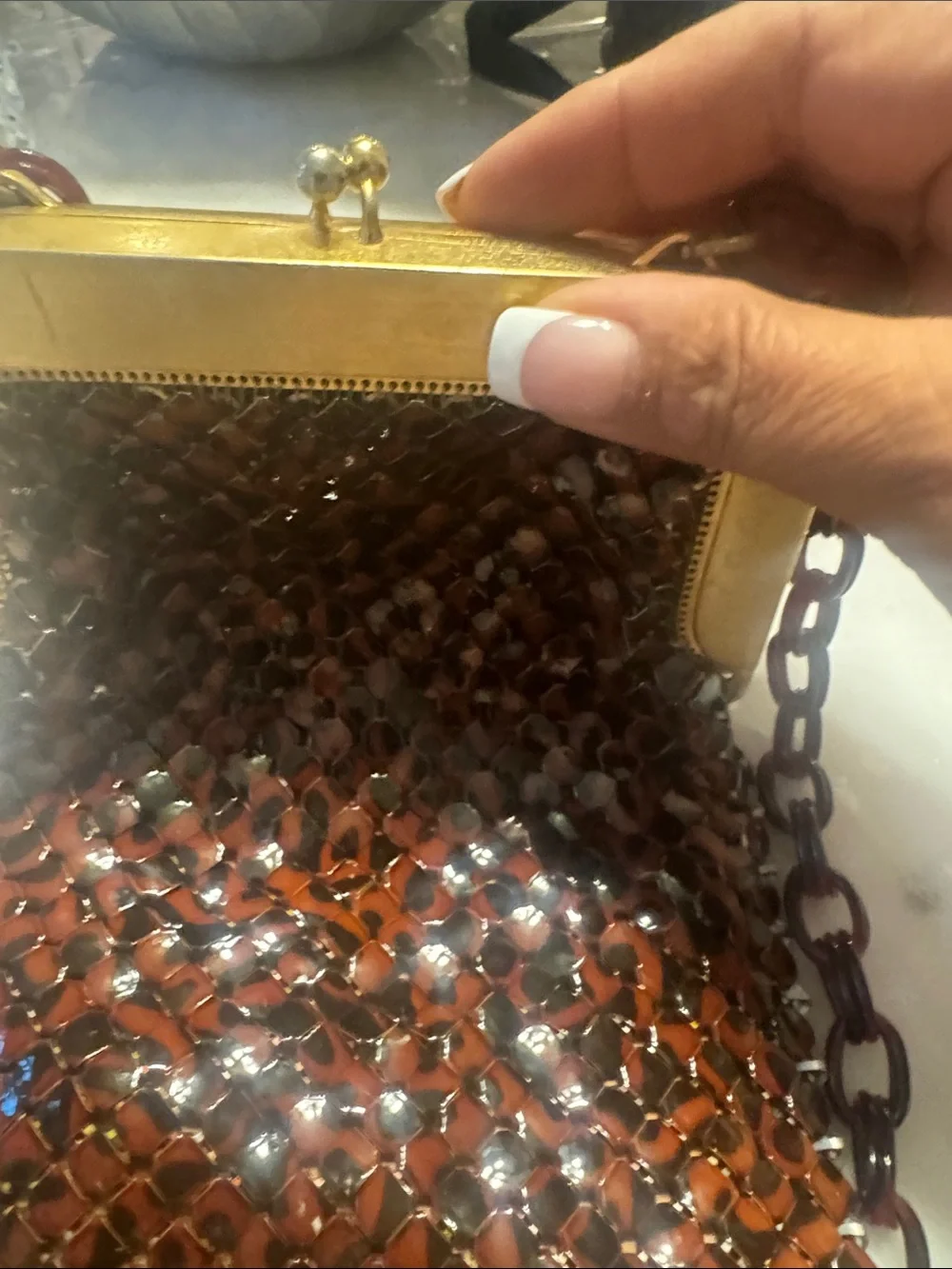 Vintage-Style Brown and black Mesh Evening Bag with Gold Frame Whiting and Davis